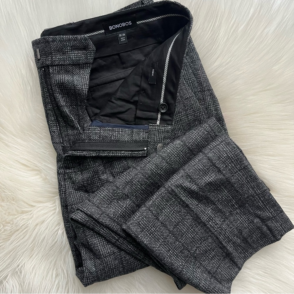 New Bonobos Men’s Wool Blend Dress Pants Slim 33x34 33 34 Gray Plaid